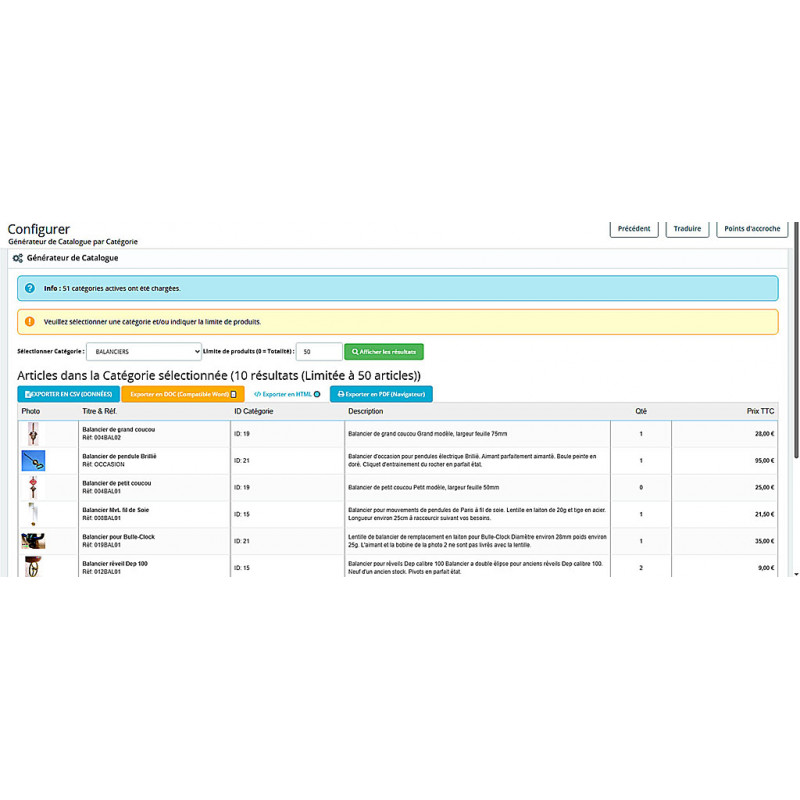 Module Prestashop v8.x Export catégories CSV DOC HTML PDF