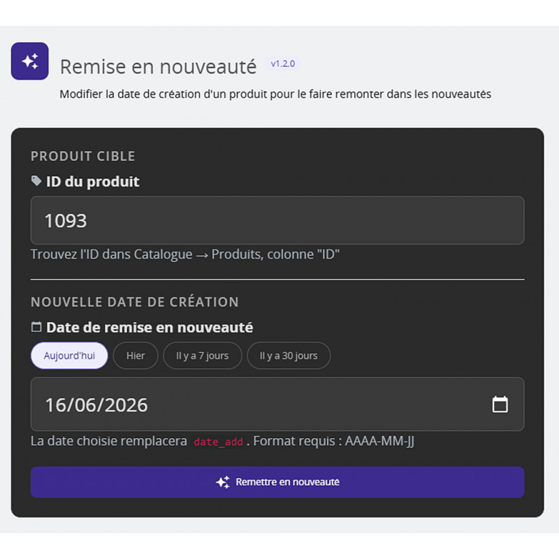 Module Prestashop v8.x Remettre en nouveauté un article
