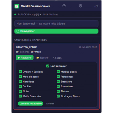 Extension Vivaldi sauvegarde configuration